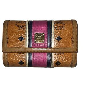 MCM‎ Visetos Trifold Wallet Cognac Pink Croc Embossed Monogram Gold Logo Plaque